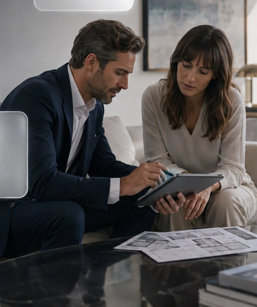 Illustration d’un échange entre une propriétaire et un professionnel de l’immobilier